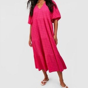 Boohoo Textured Puff Sleeve Tiered Midi Dress
